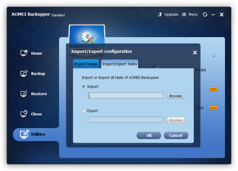 Импорт и экспорт конфигураций и образов в программе Aomei Backupper Standard